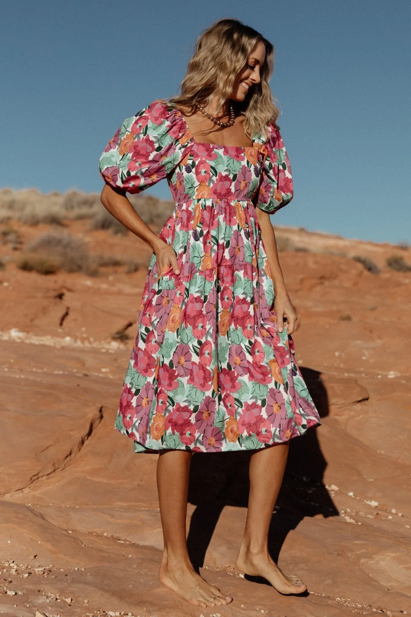 Aimee Puff Sleeve Midi Dress | Pink Multi sold by Baltic Born product image thumbnail 3