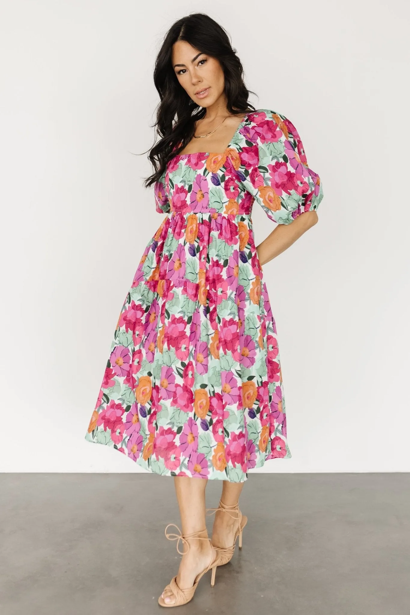 Aimee Puff Sleeve Midi Dress | Pink Multi sold by Baltic Born product image thumbnail 2