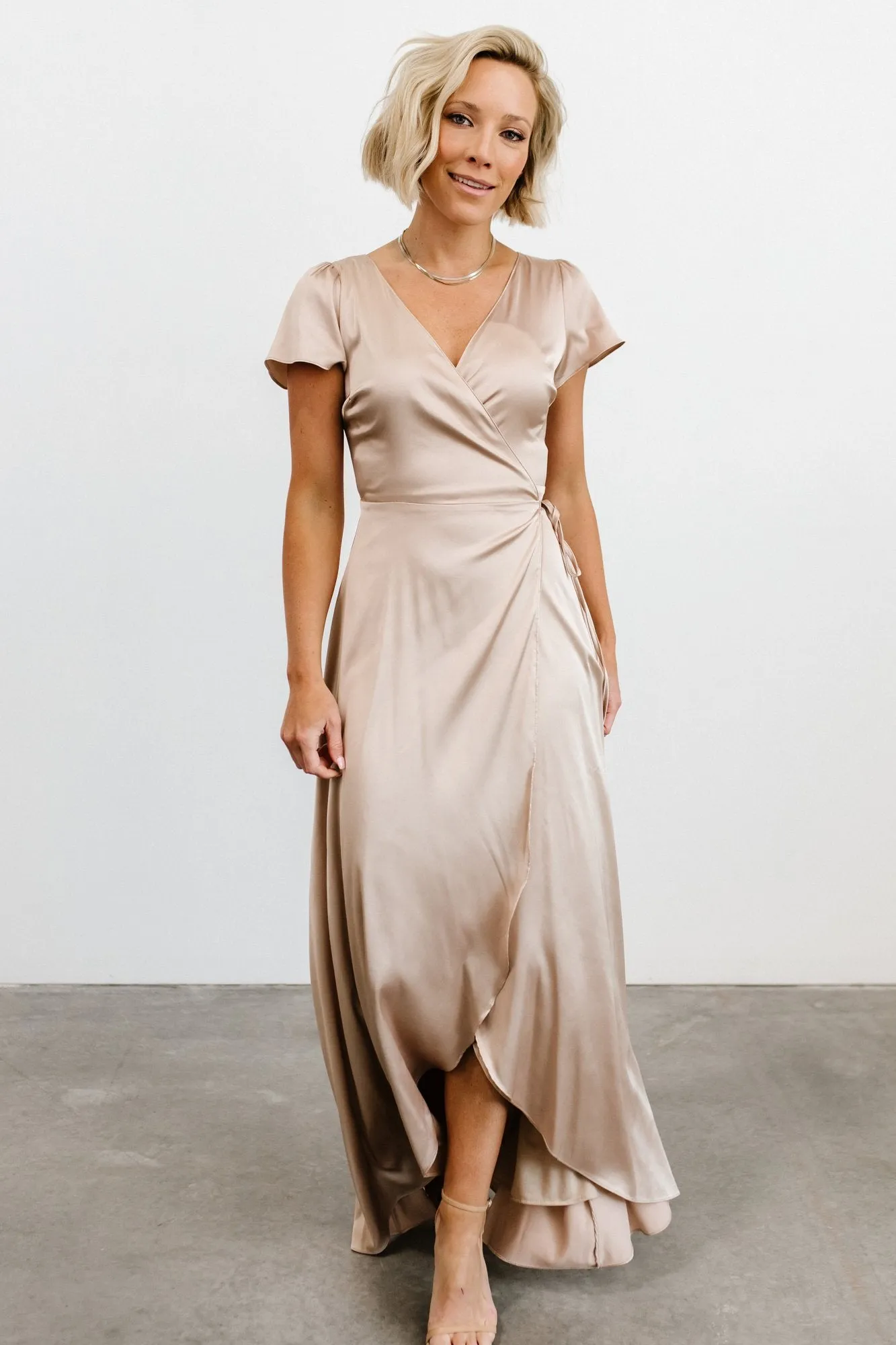 Krystal Satin Wrap Gown | Champagne sold by Baltic Born