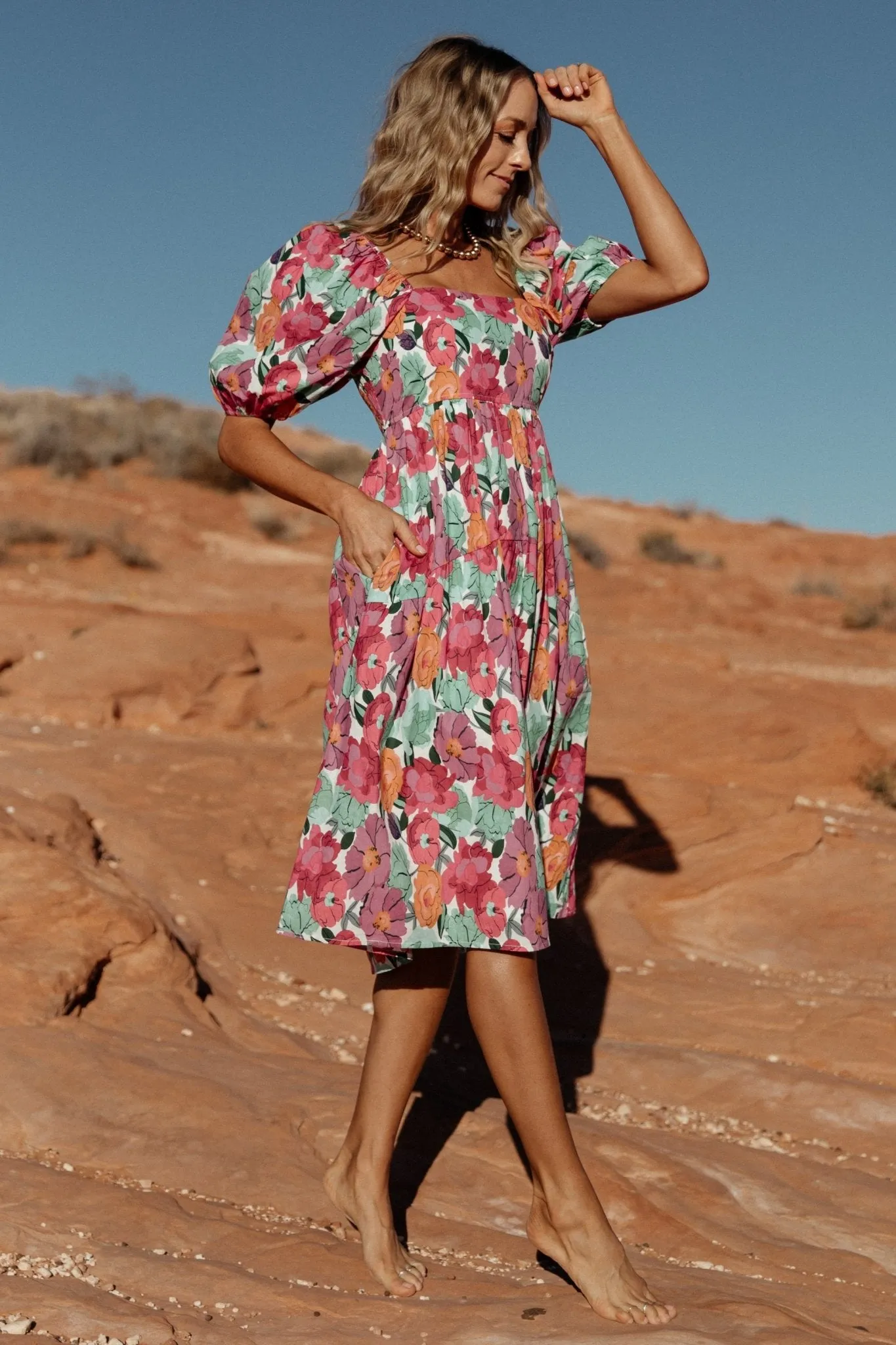 Aimee Puff Sleeve Midi Dress | Pink Multi sold by Baltic Born product image thumbnail 5
