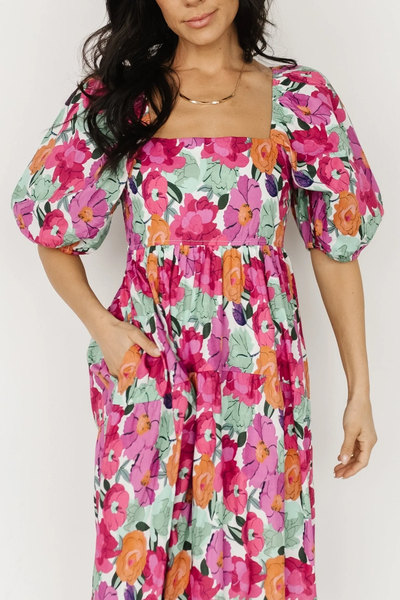 Aimee Puff Sleeve Midi Dress | Pink Multi sold by Baltic Born product image thumbnail 4