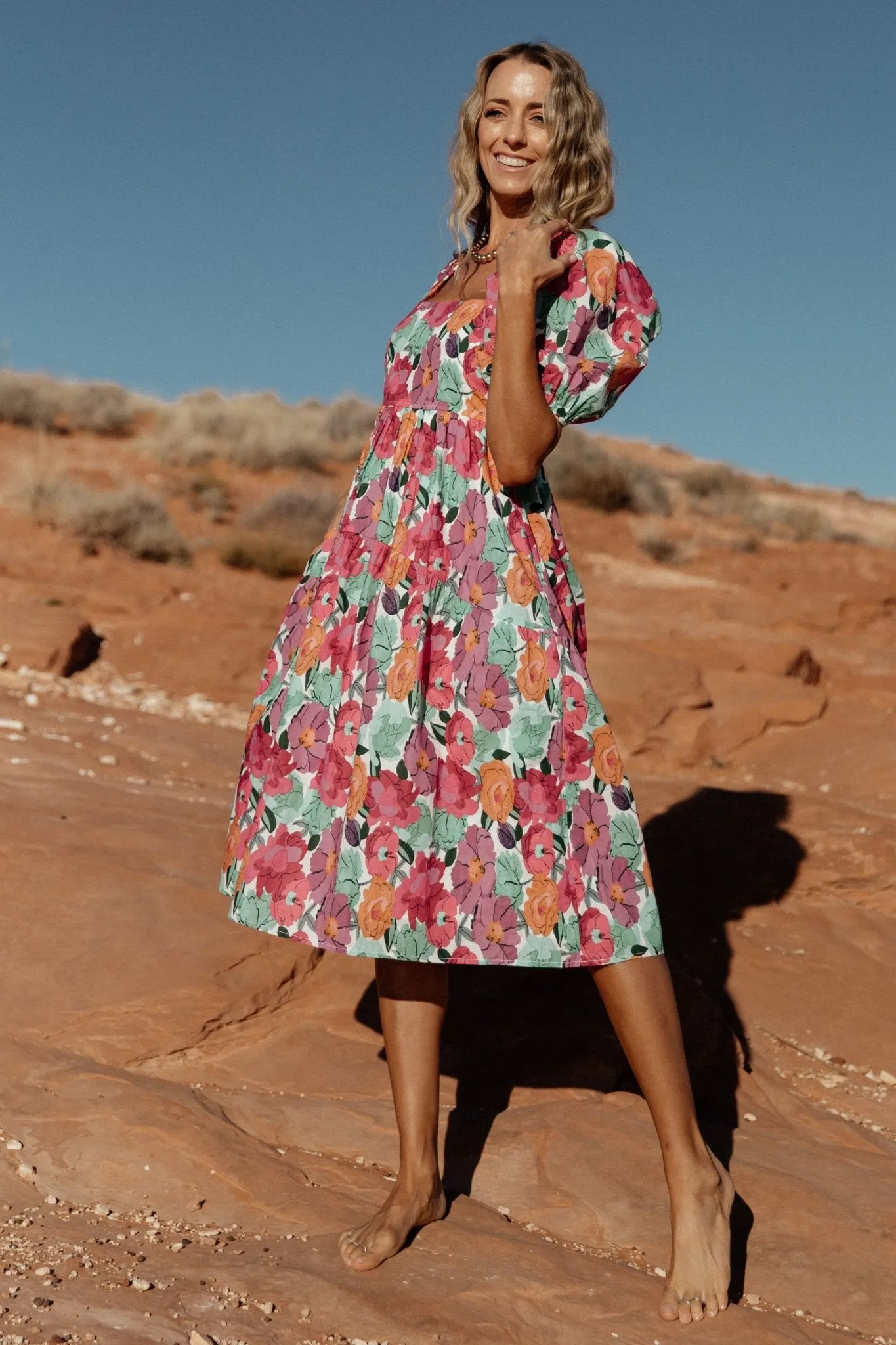 Aimee Puff Sleeve Midi Dress | Pink Multi sold by Baltic Born