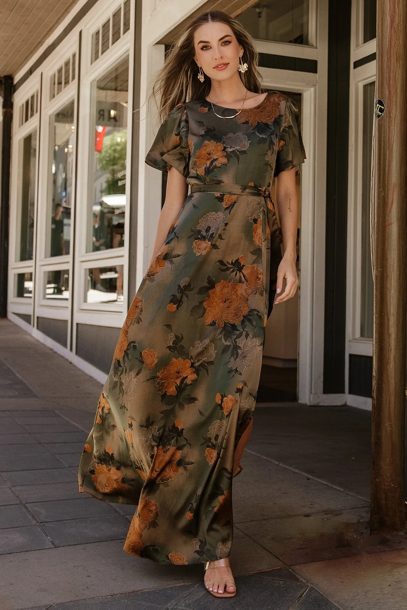 Agnes Satin Maxi Dress | Olive Floral sold by Baltic Born