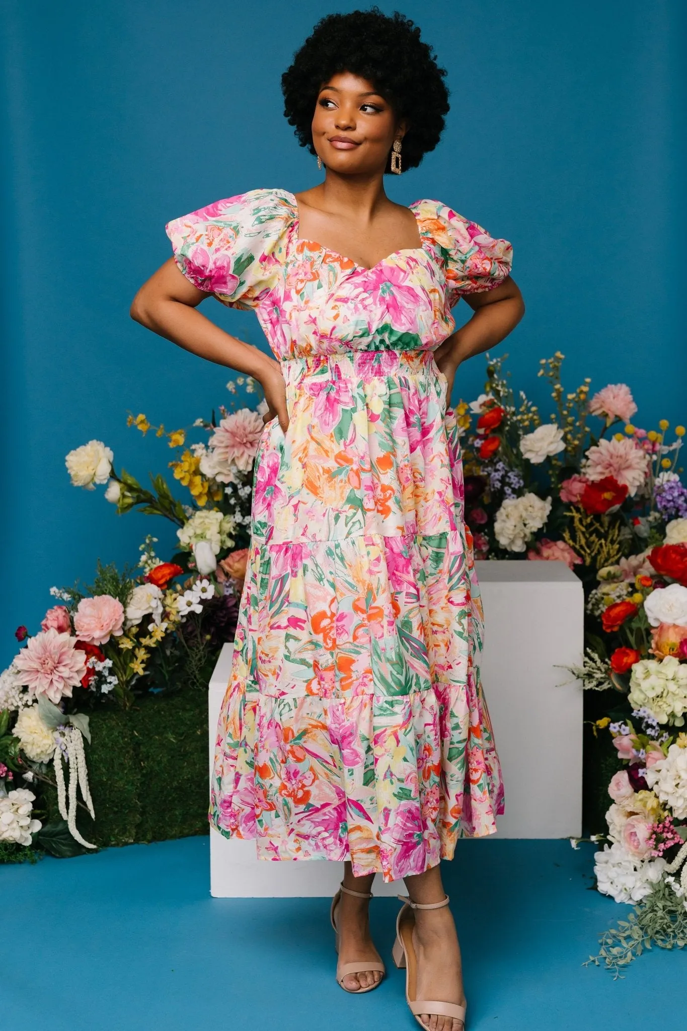 Denzel Puff Sleeve Midi Dress | Multi Floral sold by Baltic Born