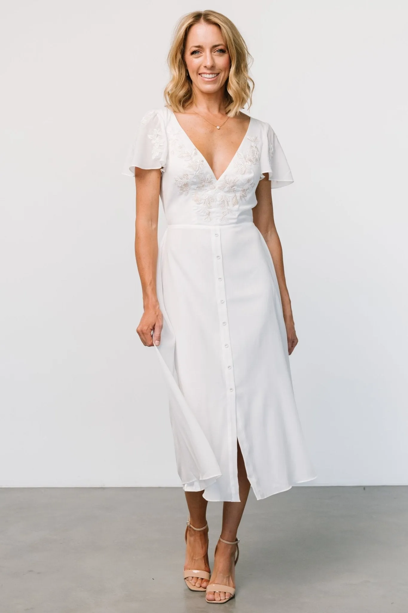 Swan Bead Embroidered Midi Dress | Off White sold by Baltic Born
