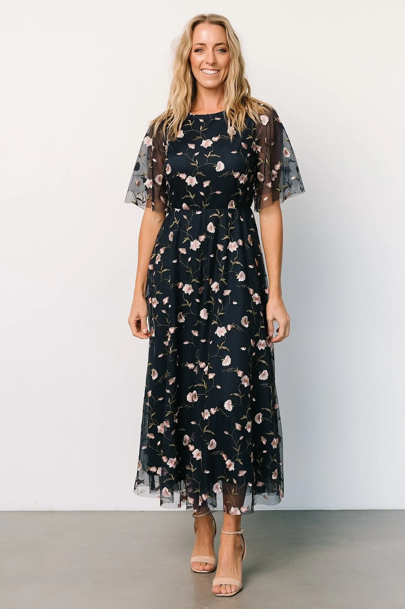 Arabella Embroidered Tulle Maxi Dress | Pink + Navy sold by Baltic Born product image thumbnail 5