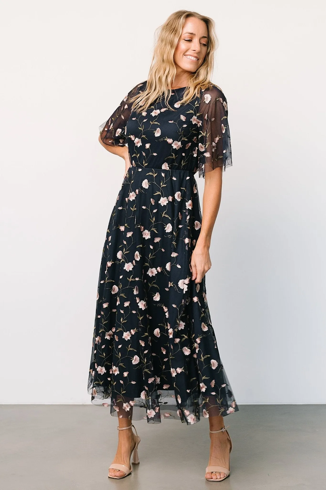 Arabella Embroidered Tulle Maxi Dress | Pink + Navy sold by Baltic Born product image thumbnail 3