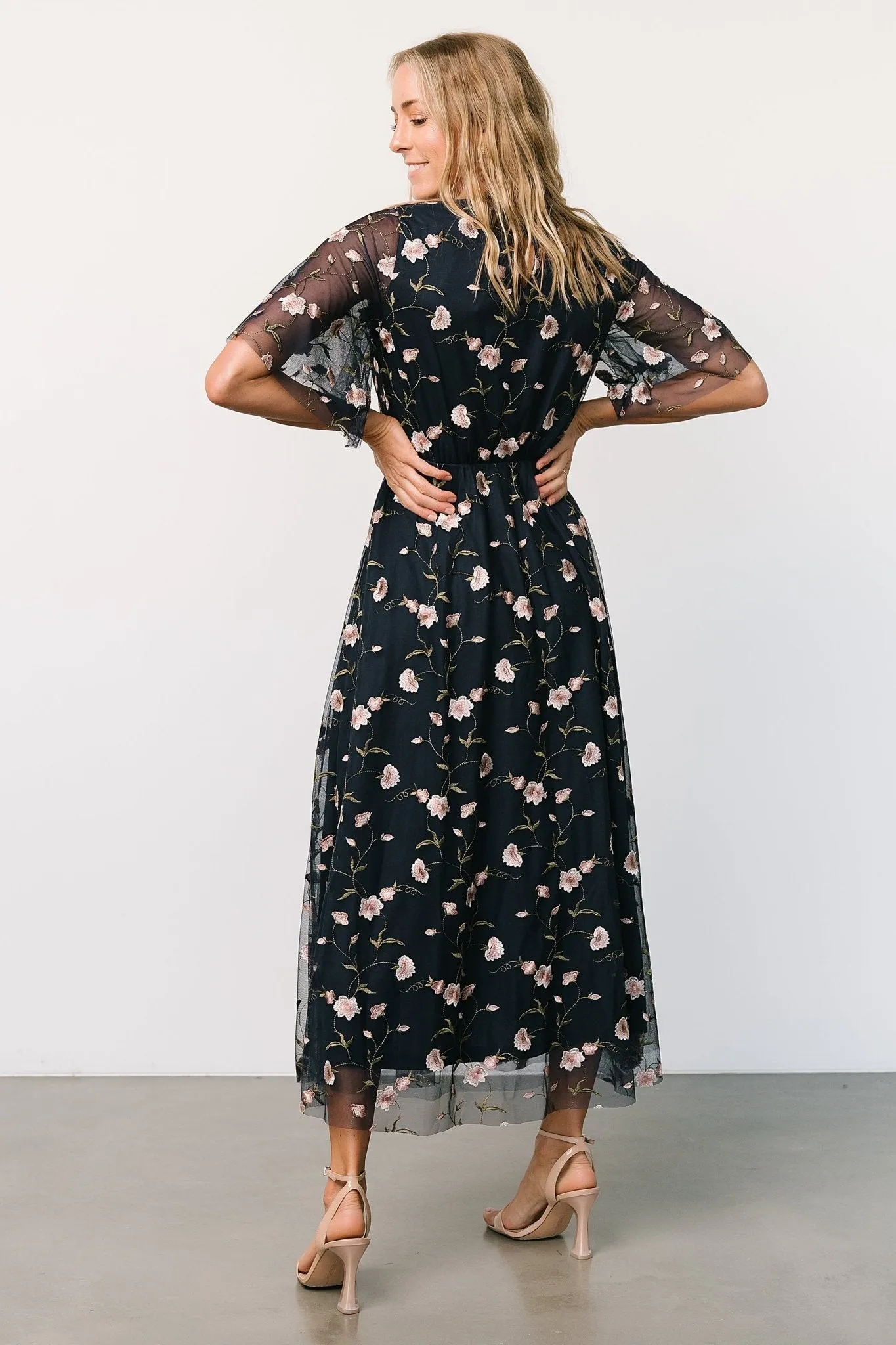 Arabella Embroidered Tulle Maxi Dress | Pink + Navy sold by Baltic Born product image thumbnail 4