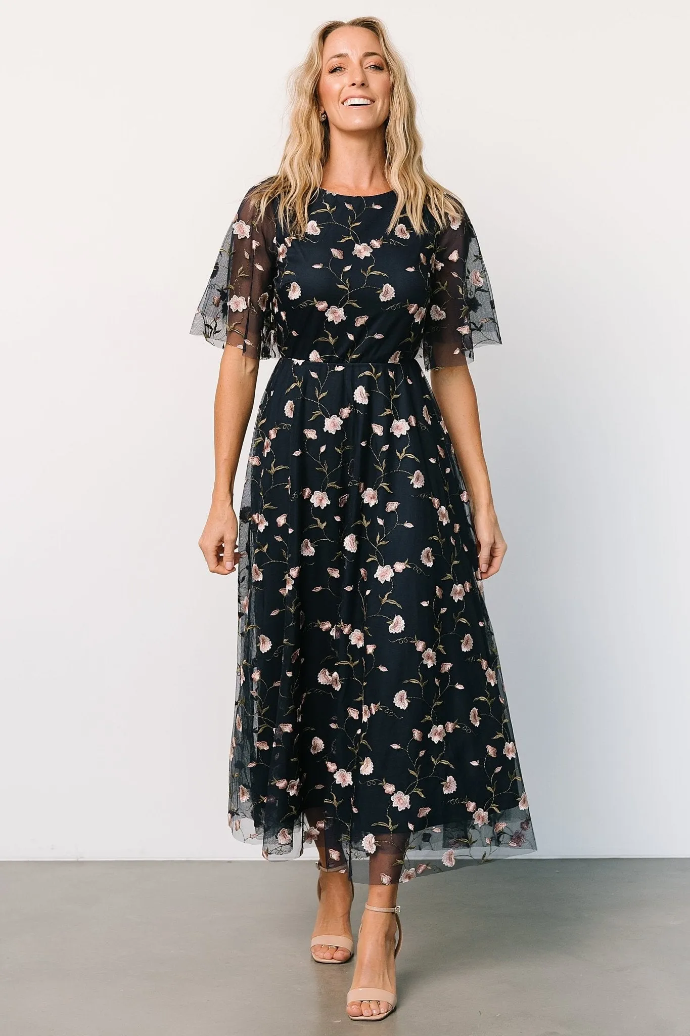 Arabella Embroidered Tulle Maxi Dress | Pink + Navy sold by Baltic Born
