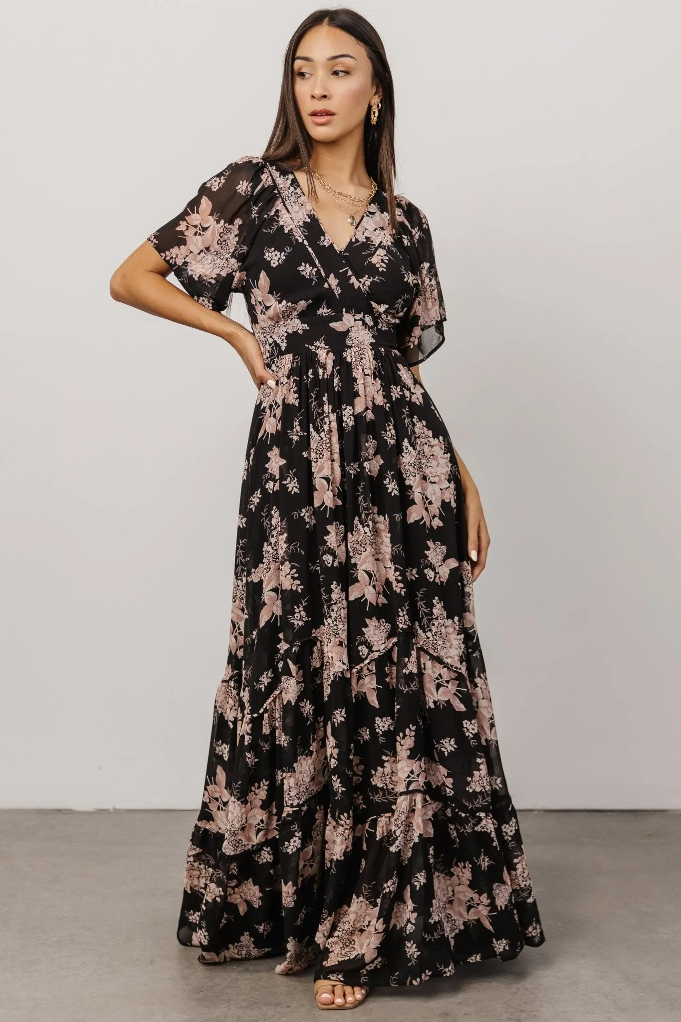 Katherine Maxi Dress | Black + Blush Floral sold by Baltic Born