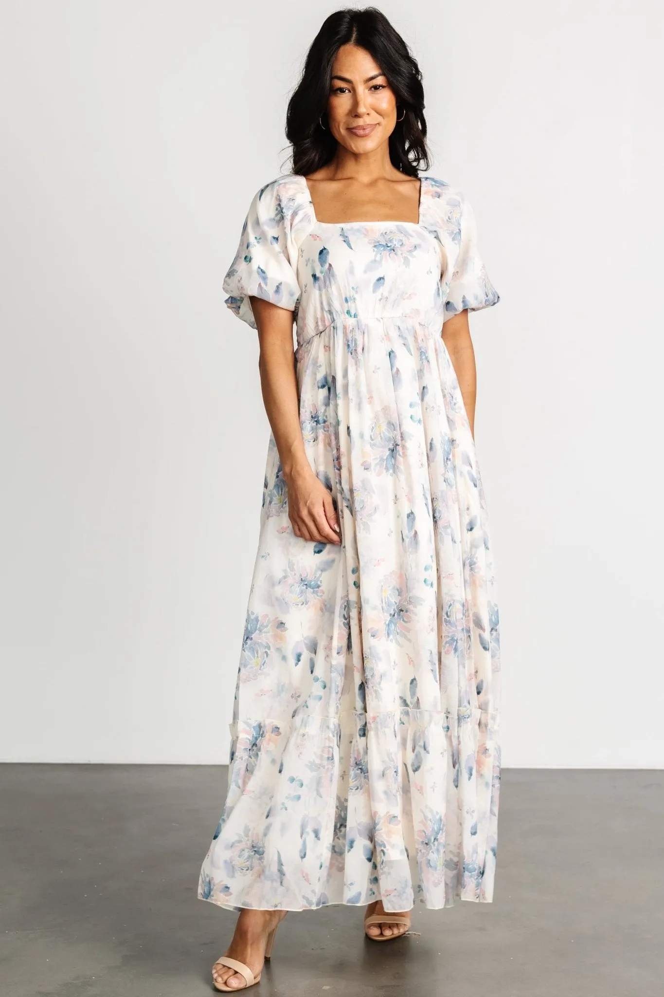 Dalia Maxi Dress | Cream + Blue Floral sold by Baltic Born