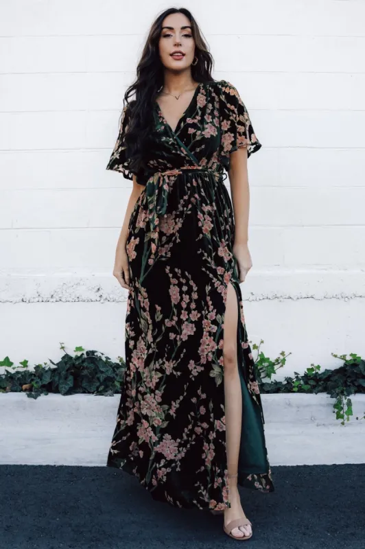 Uma Velvet Maxi Dress | Green Floral sold by Baltic Born