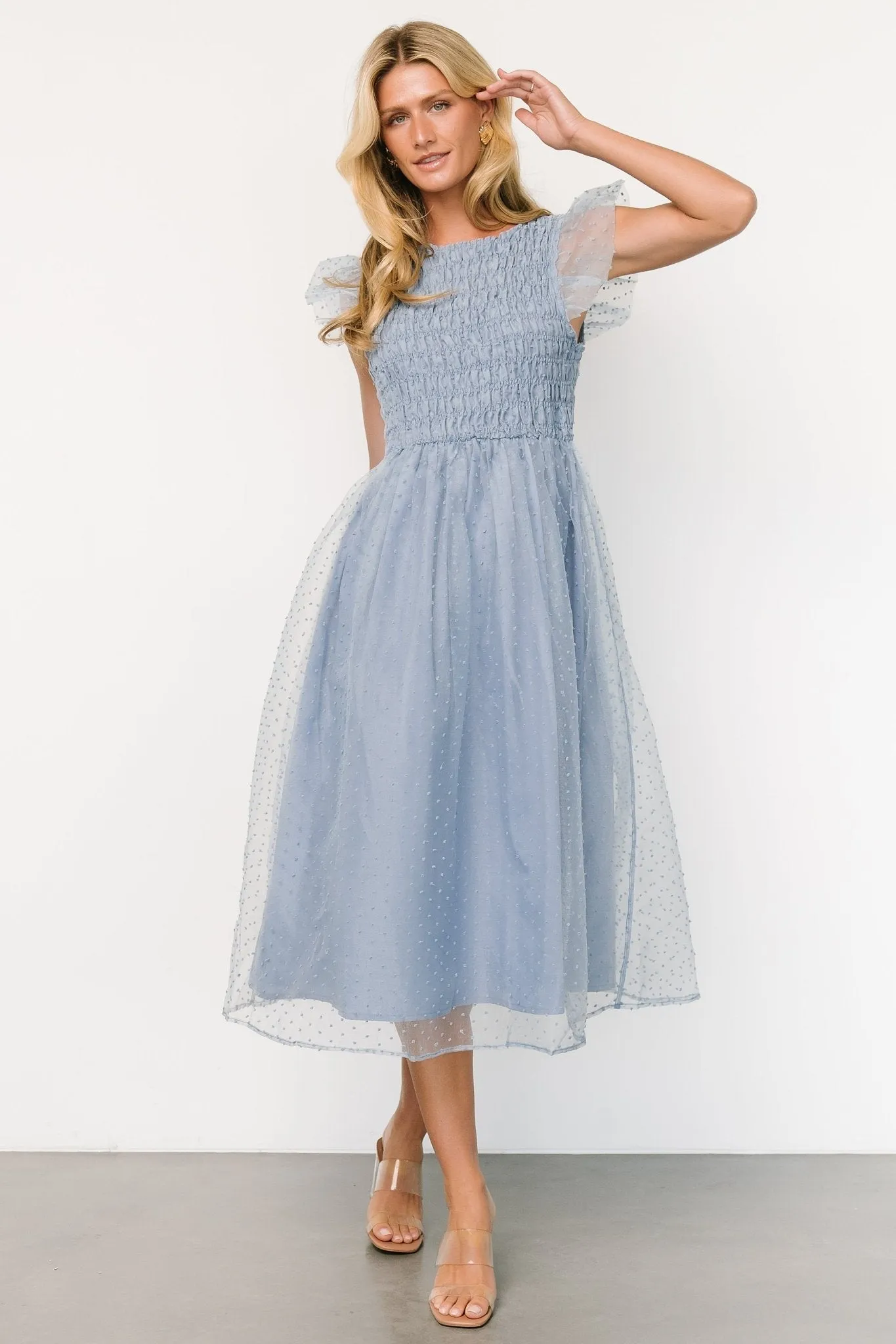 Alice Dot Midi Dress | Dusty Blue sold by Baltic Born