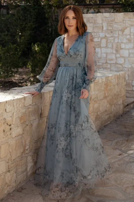 Layla Tulle Maxi Dress | Dusty Blue Floral sold by Baltic Born