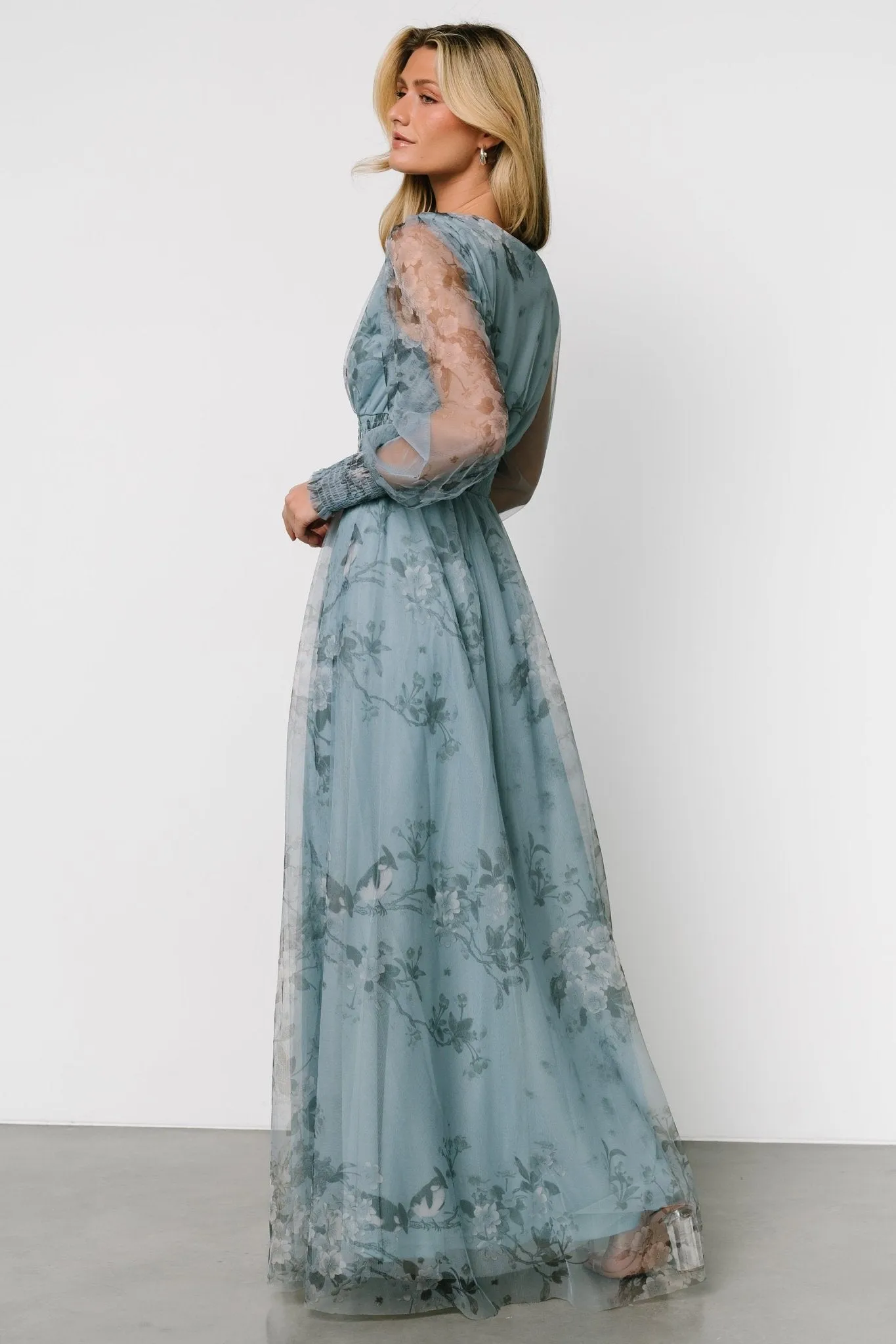 Layla Tulle Maxi Dress | Dusty Blue Floral sold by Baltic Born product image thumbnail 5