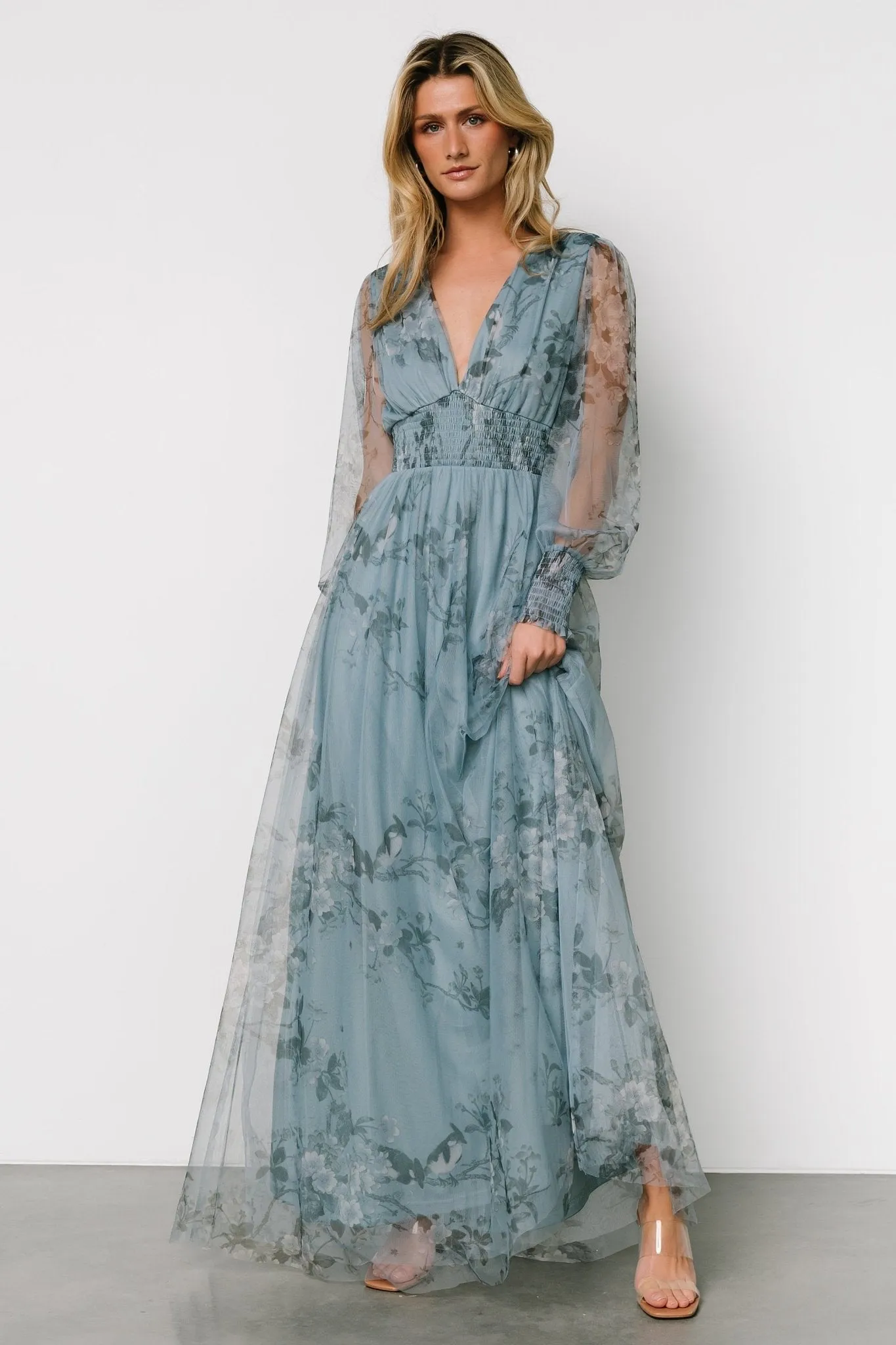 Layla Tulle Maxi Dress | Dusty Blue Floral sold by Baltic Born product image thumbnail 3