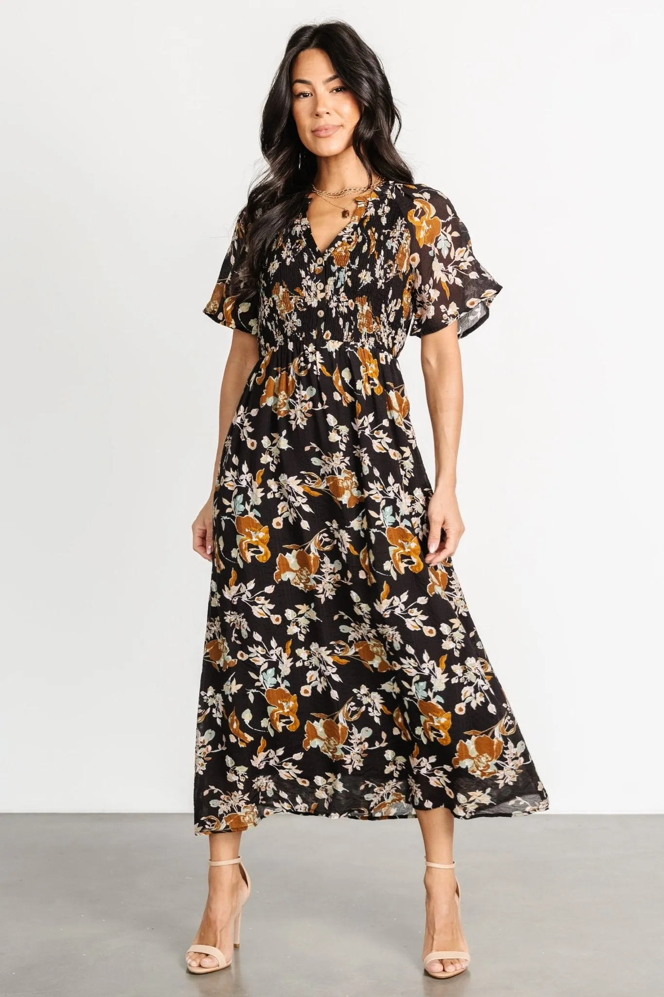 Hathaway Midi Dress | Black Floral sold by Baltic Born