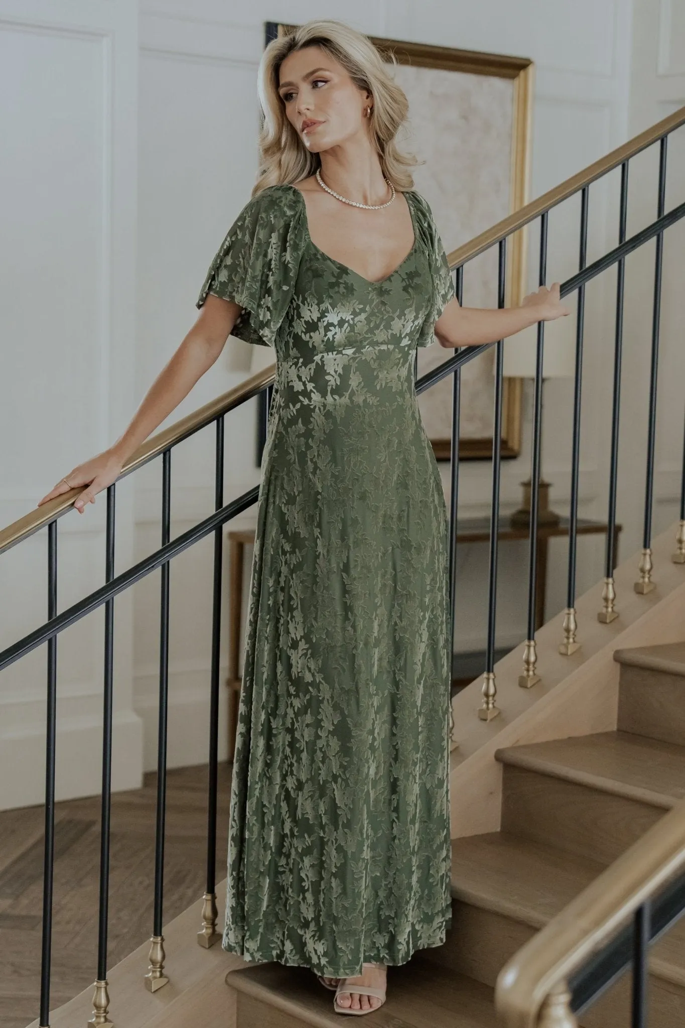 Everley Velvet Maxi Dress | Dark Sage sold by Baltic Born