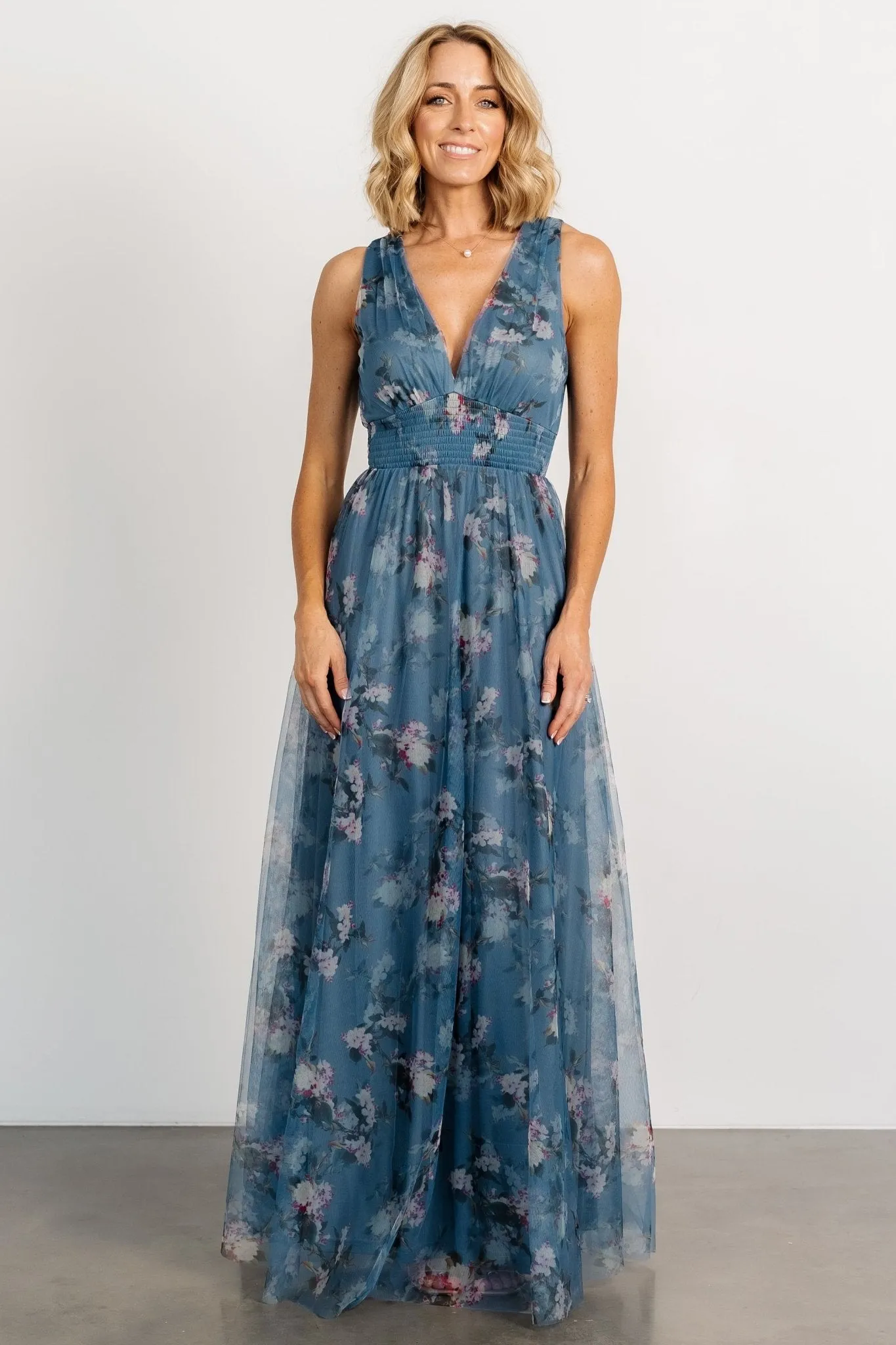 Kamila Tulle Maxi Dress | Blue Multi Floral sold by Baltic Born