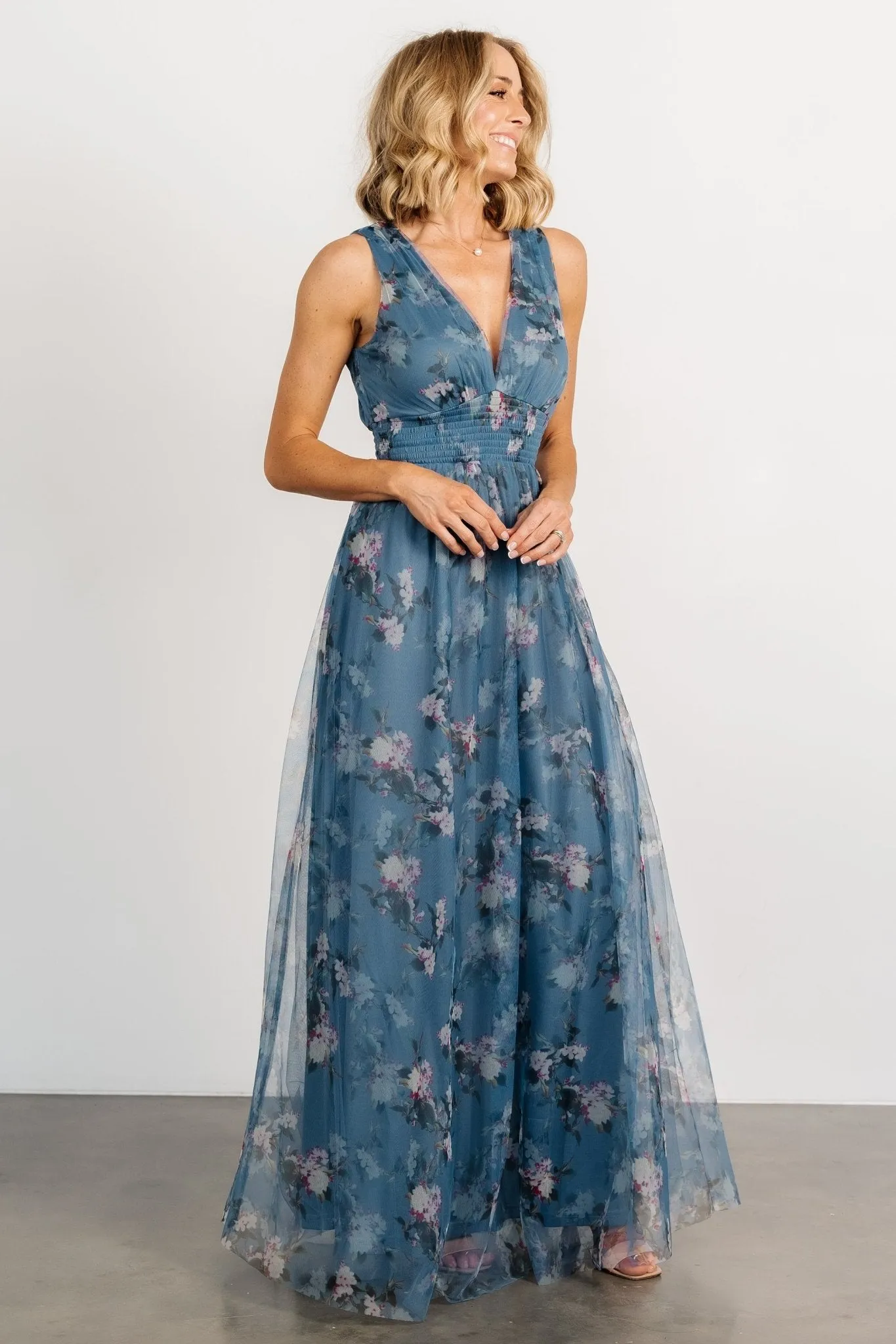 Kamila Tulle Maxi Dress | Blue Multi Floral sold by Baltic Born product image thumbnail 3