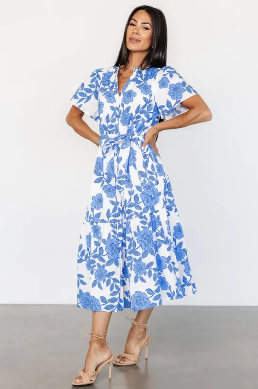 Lydie Button Midi Dress | White + Blue sold by Baltic Born