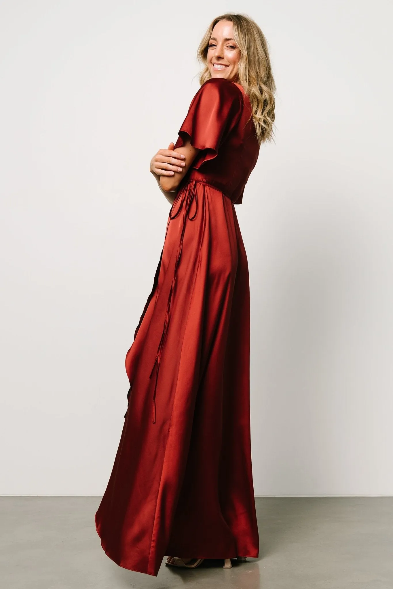 Vara Satin Maxi Wrap Dress | Terracotta sold by Baltic Born product image thumbnail 4