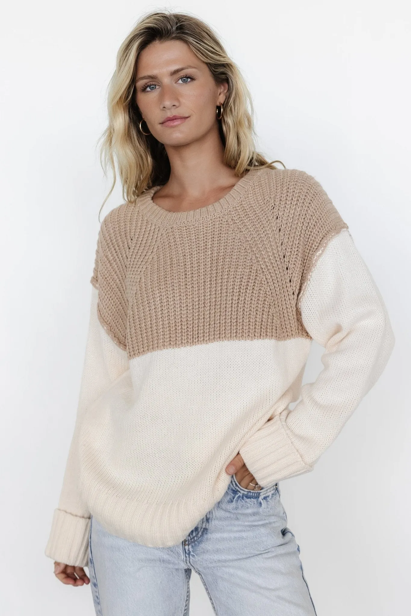 Mabel Cuffed Sweater | Cream + Taupe sold by Baltic Born