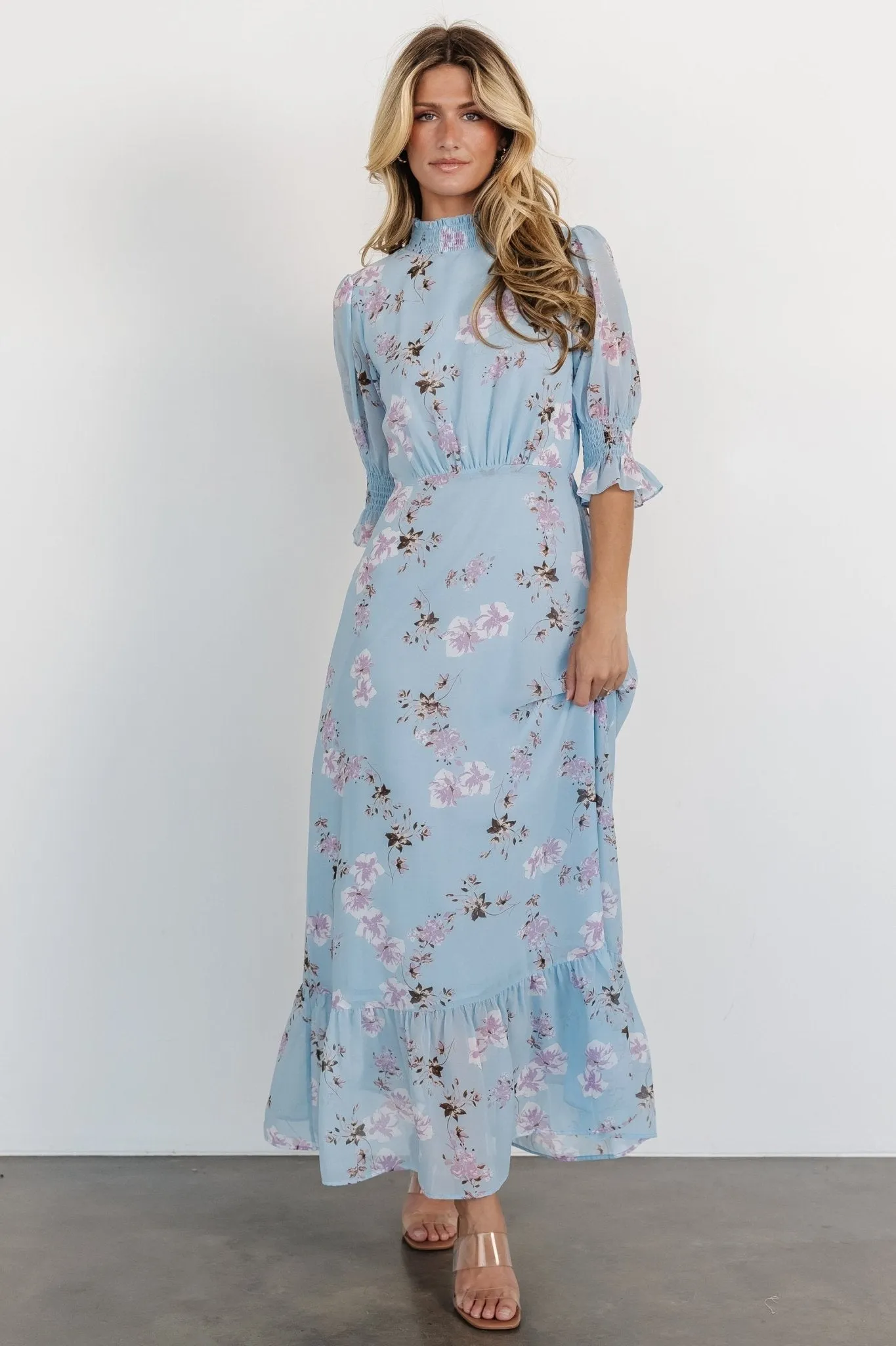 Marie Mock Neck Maxi Dress | Sky Blue Floral sold by Baltic Born