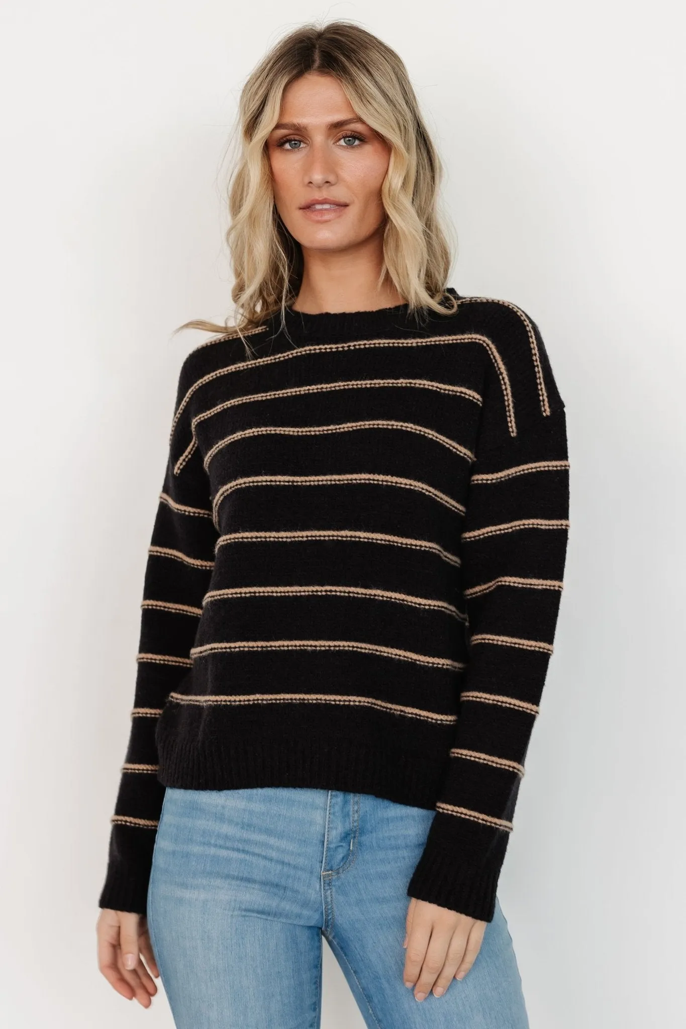 Alanis Stripe Sweater | Black + Camel sold by Baltic Born