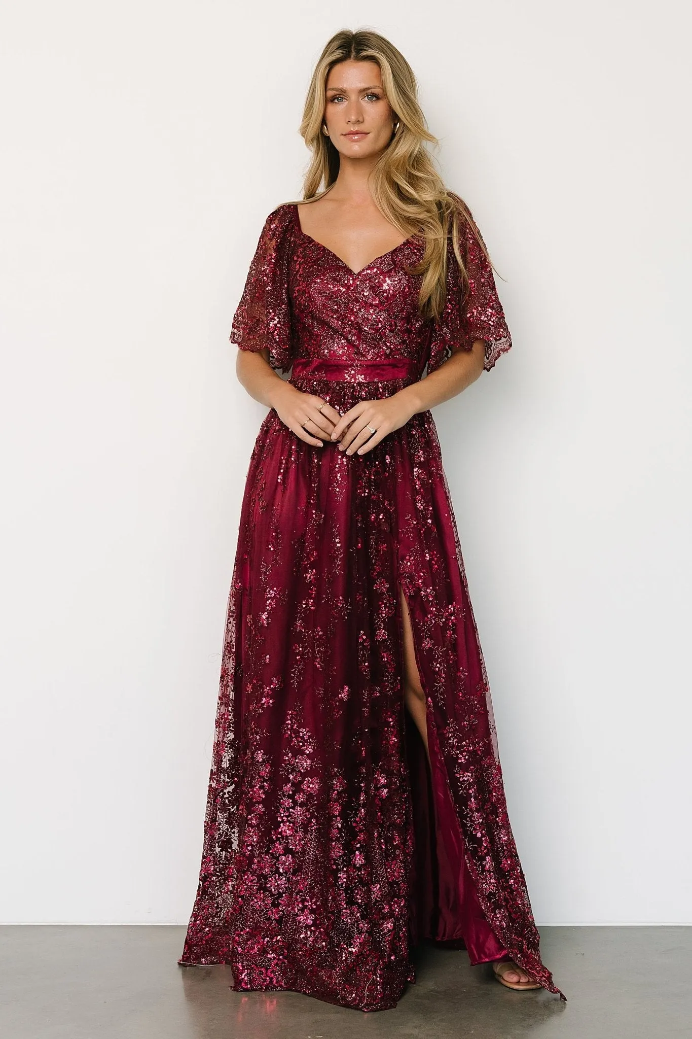 Genevieve Glitter Maxi Dress | Wine sold by Baltic Born