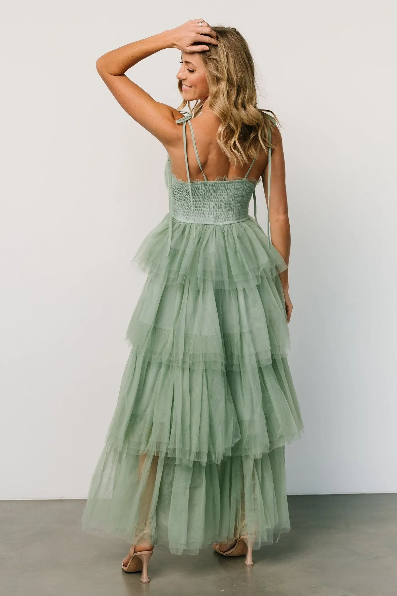 Alora Tulle Tiered Maxi Dress | Sage Green sold by Baltic Born product image thumbnail 4