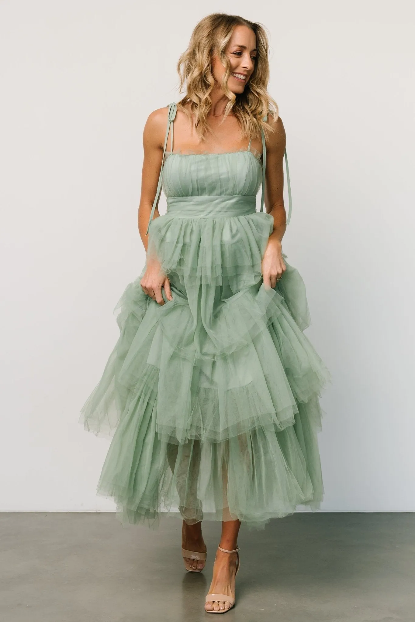 Alora Tulle Tiered Maxi Dress | Sage Green sold by Baltic Born product image thumbnail 5
