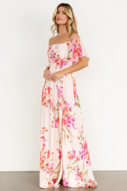 Daphne Off Shoulder Maxi Dress | Blush Floral sold by Baltic Born