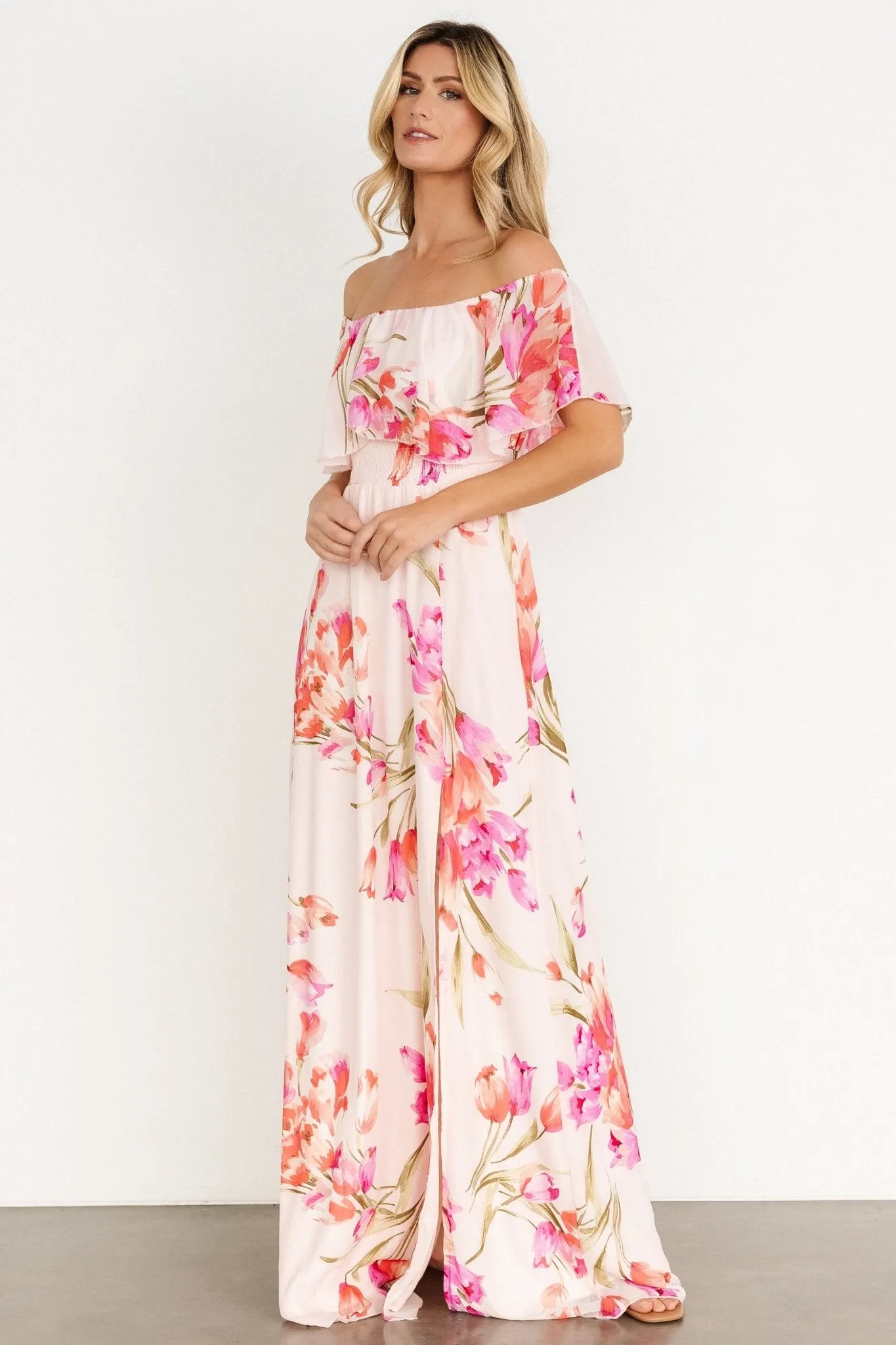 Daphne Off Shoulder Maxi Dress | Blush Floral sold by Baltic Born