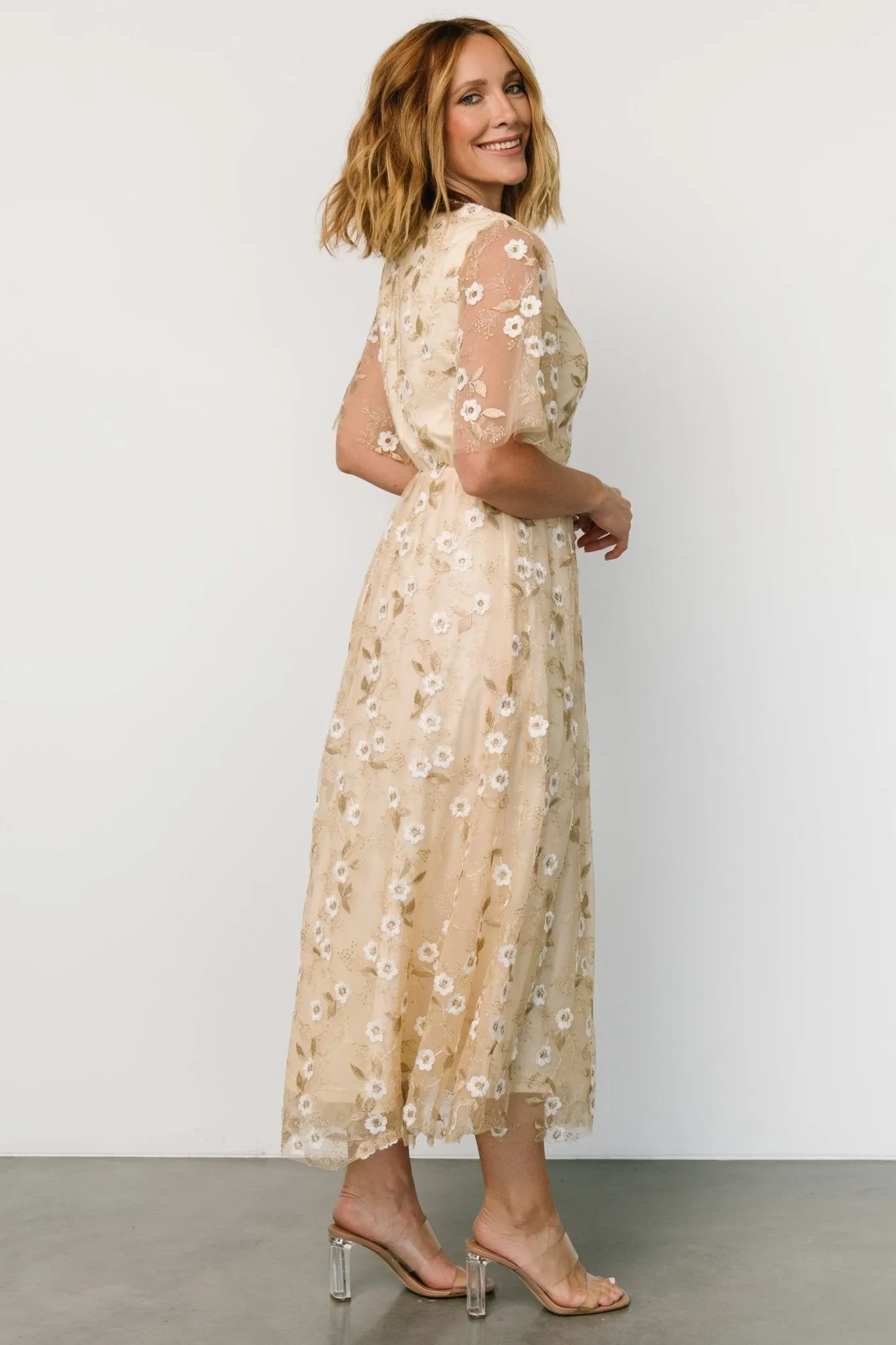 Arabella Embroidered Tulle Maxi Dress | Gold + White sold by Baltic Born product image thumbnail 3