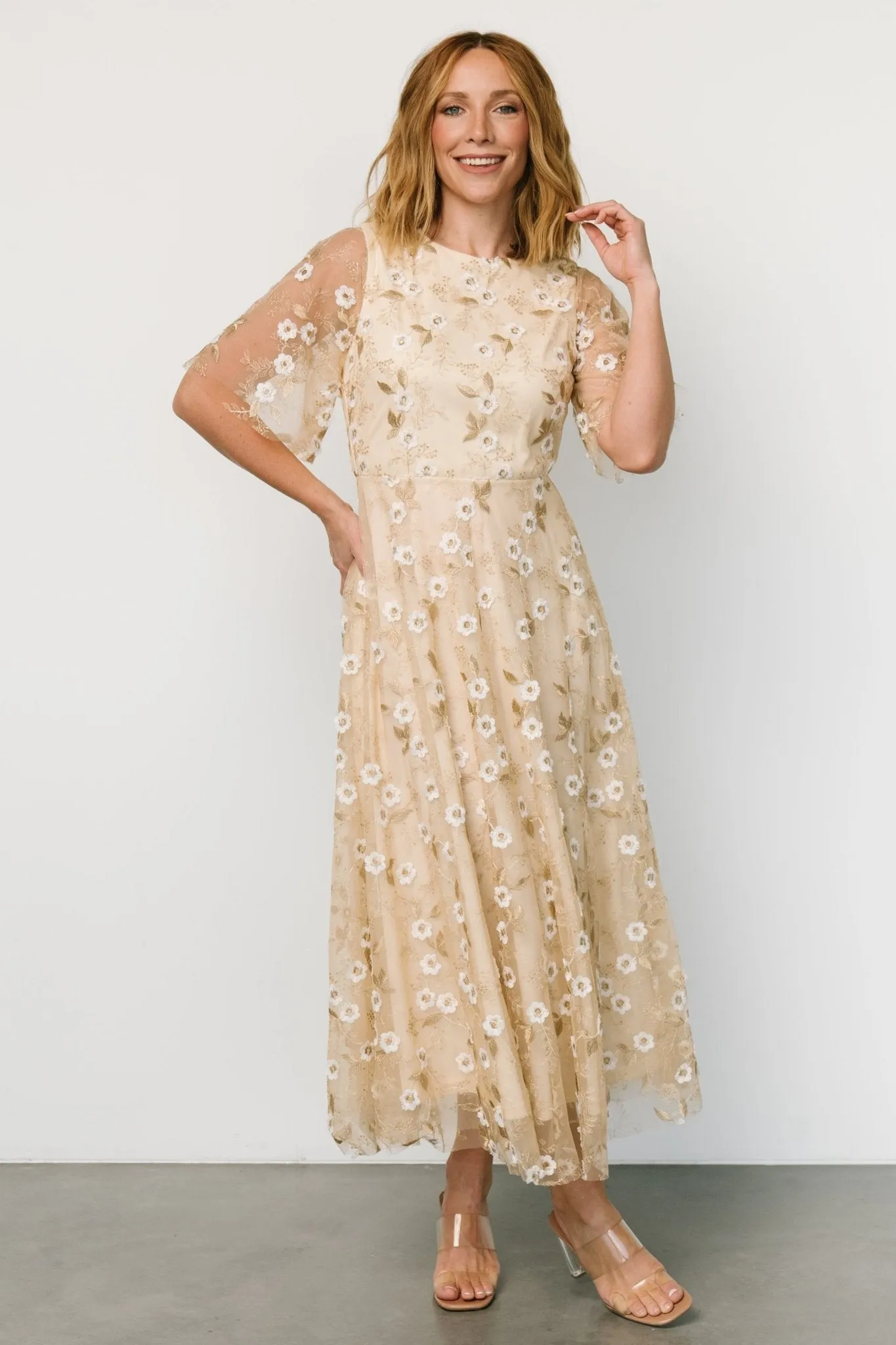 Arabella Embroidered Tulle Maxi Dress | Gold + White sold by Baltic Born