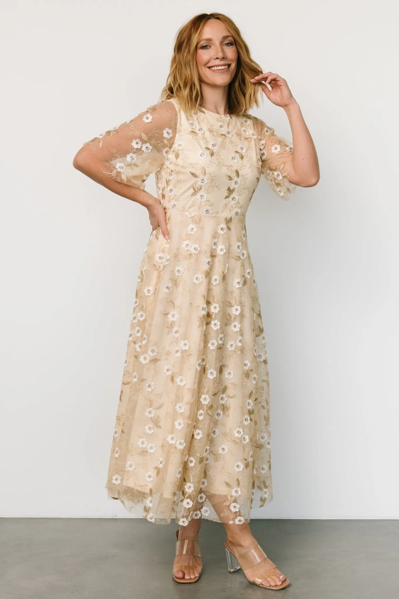 Arabella Embroidered Tulle Maxi Dress | Gold + White sold by Baltic Born product image thumbnail 4