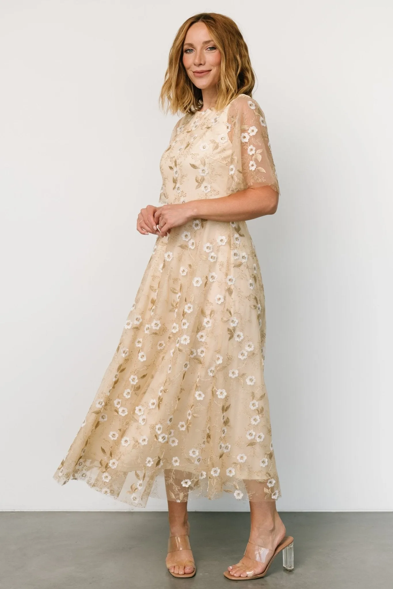 Arabella Embroidered Tulle Maxi Dress | Gold + White sold by Baltic Born product image thumbnail 5