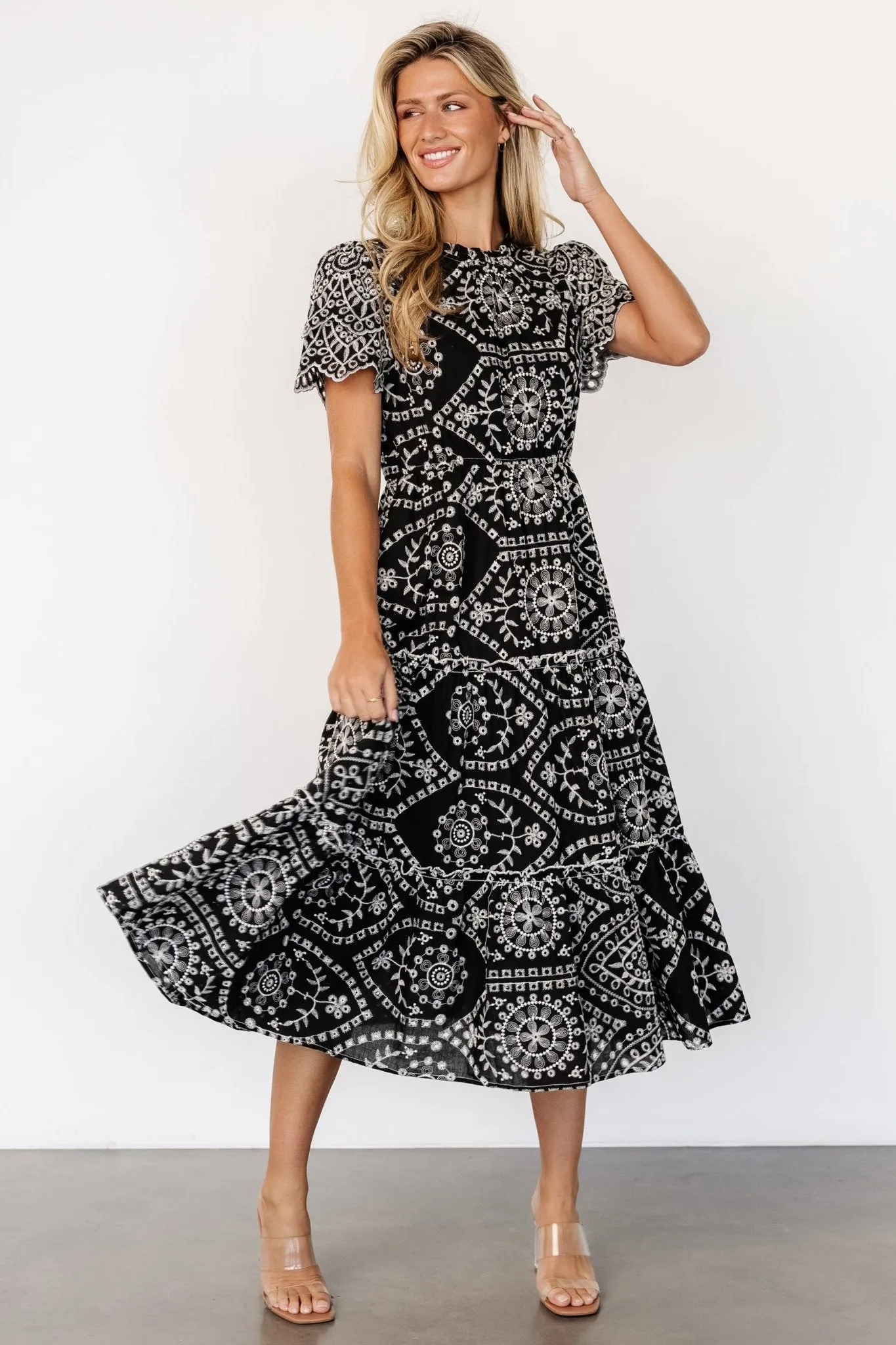 Mirabel Eyelet Midi Dress | Black + White sold by Baltic Born