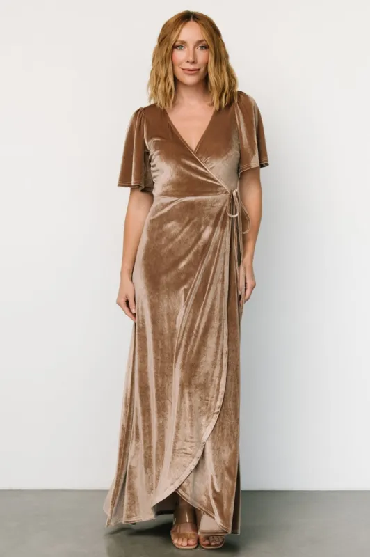 Katelyn Velvet Maxi Wrap Dress | Taupe sold by Baltic Born