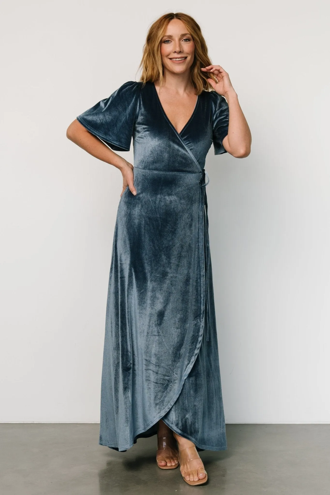 Katelyn Velvet Maxi Wrap Dress | Blue sold by Baltic Born product image thumbnail 5