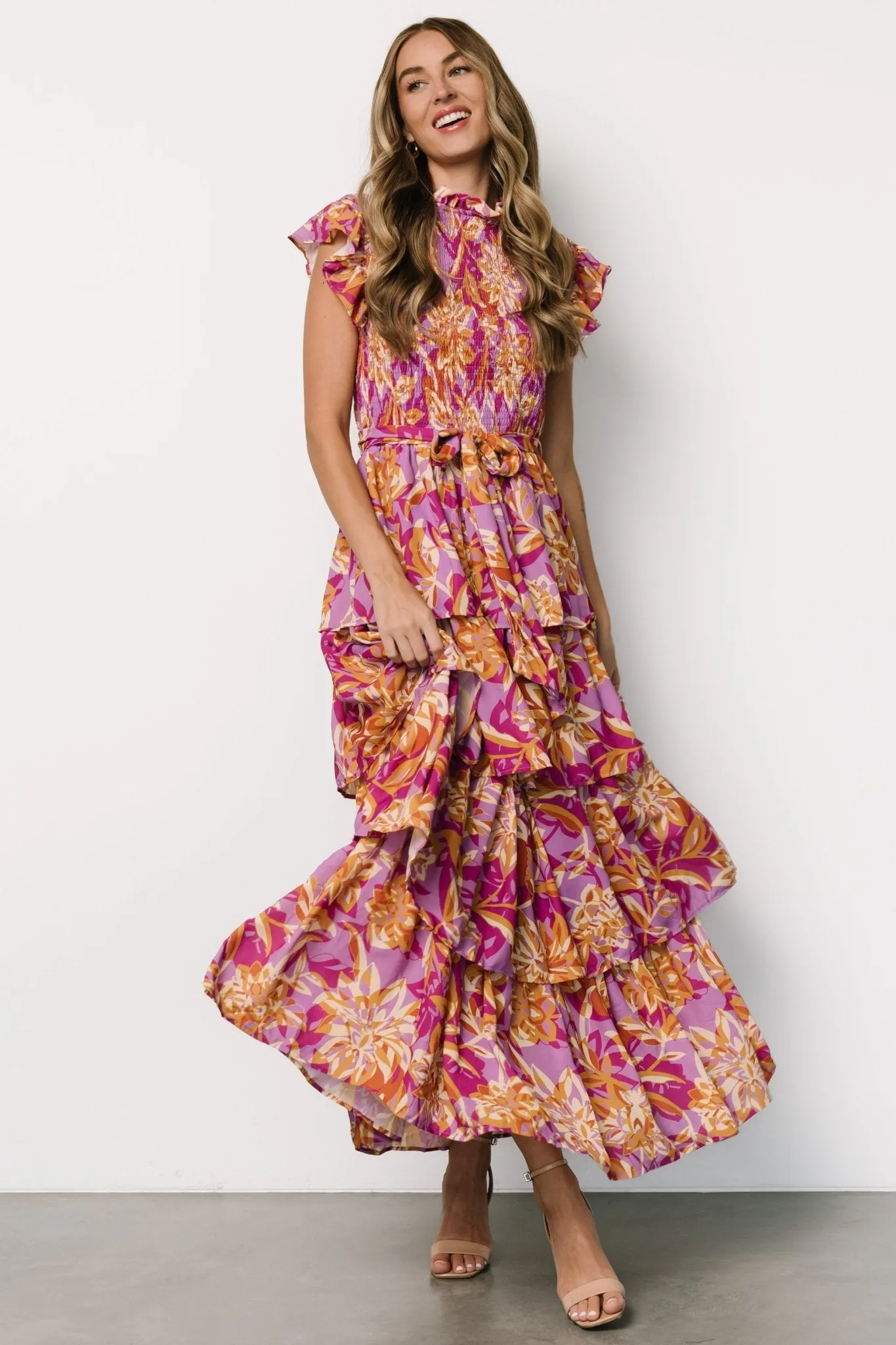 Mya Smocked Maxi Dress | Orchid + Gold Print sold by Baltic Born product image thumbnail 5