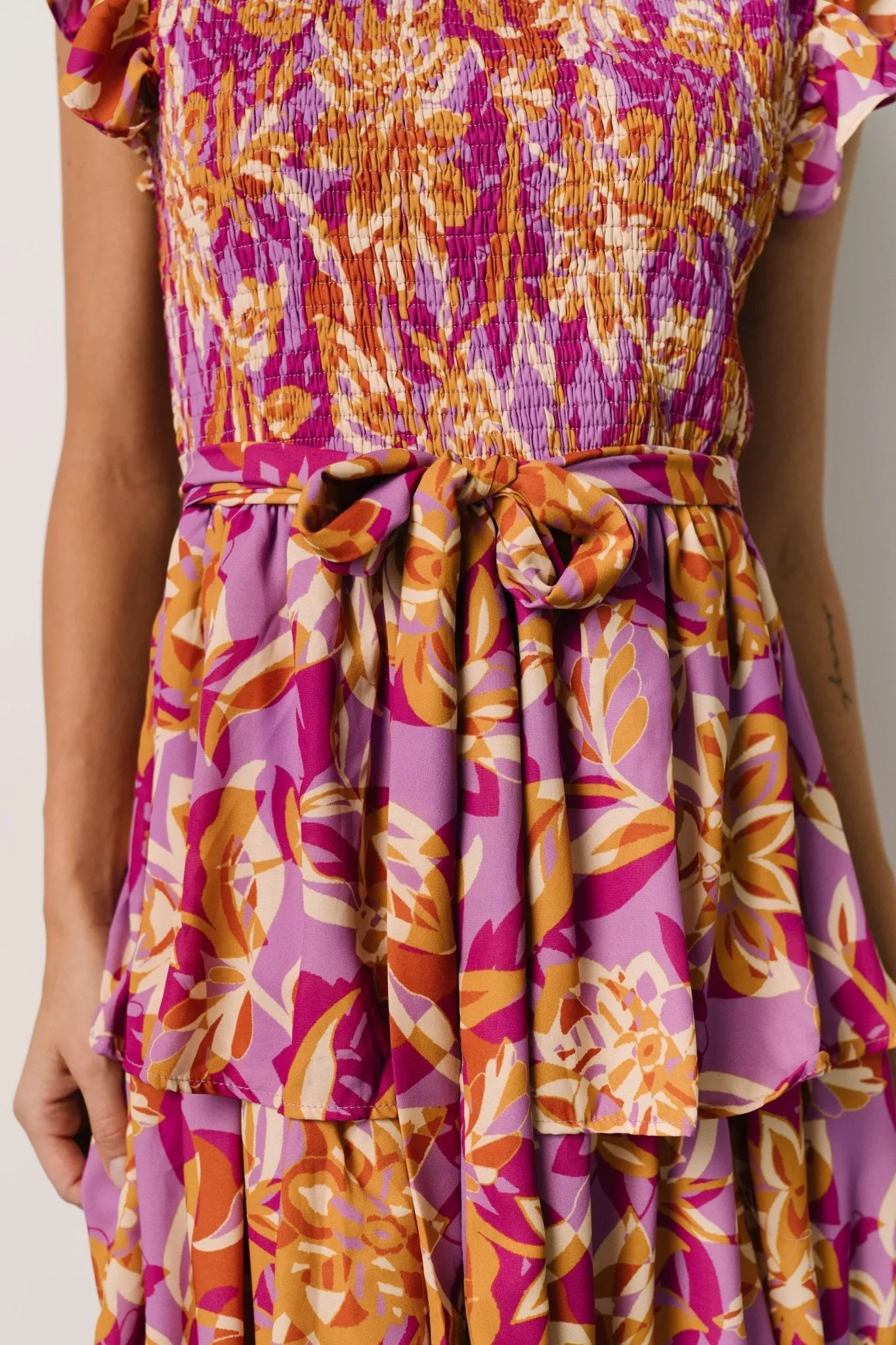 Mya Smocked Maxi Dress | Orchid + Gold Print sold by Baltic Born product image thumbnail 2