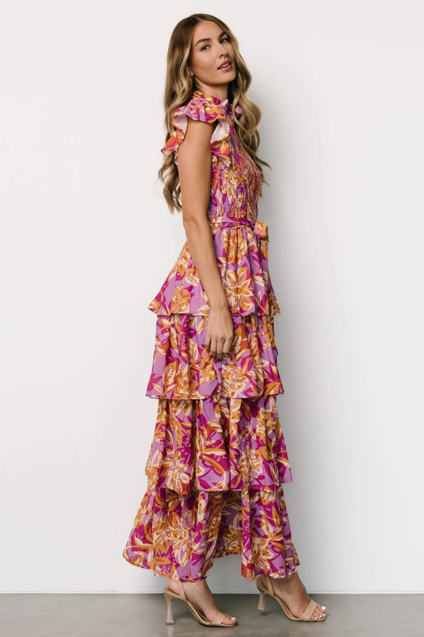 Mya Smocked Maxi Dress | Orchid + Gold Print sold by Baltic Born product image thumbnail 3