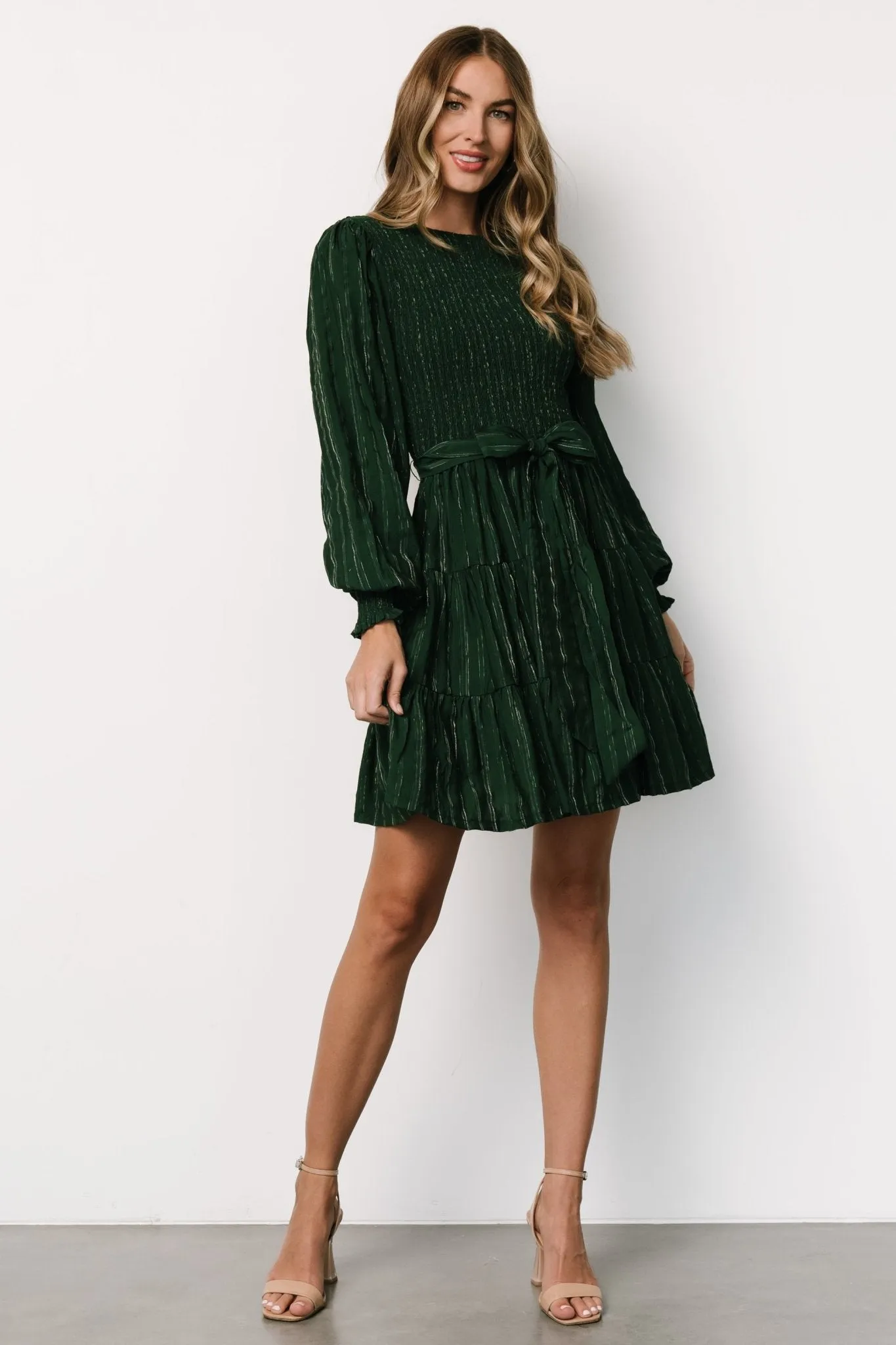 Ivey Smocked Short Dress | Dark Green + Silver sold by Baltic Born