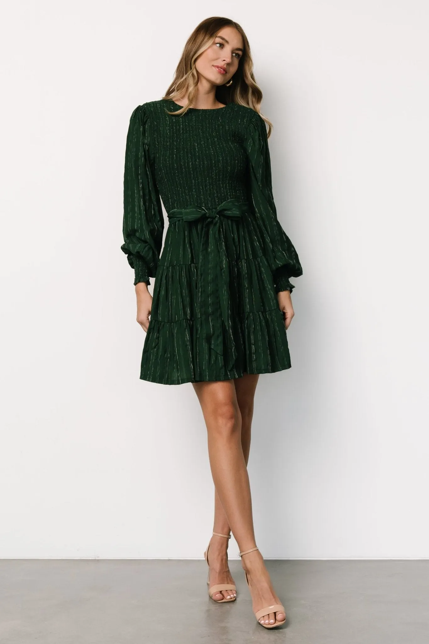 Ivey Smocked Short Dress | Dark Green + Silver sold by Baltic Born product image thumbnail 5