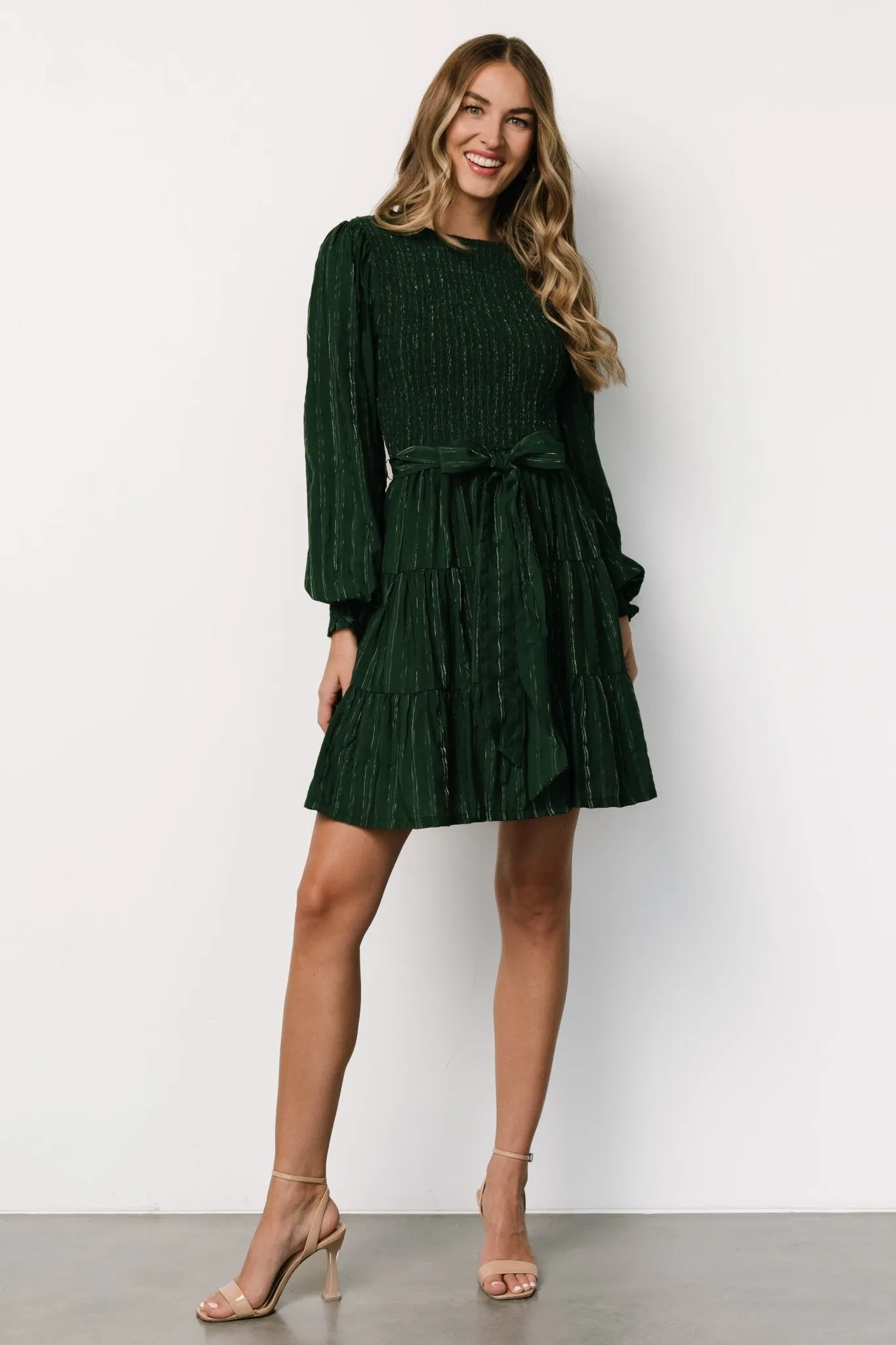 Ivey Smocked Short Dress | Dark Green + Silver sold by Baltic Born product image thumbnail 3