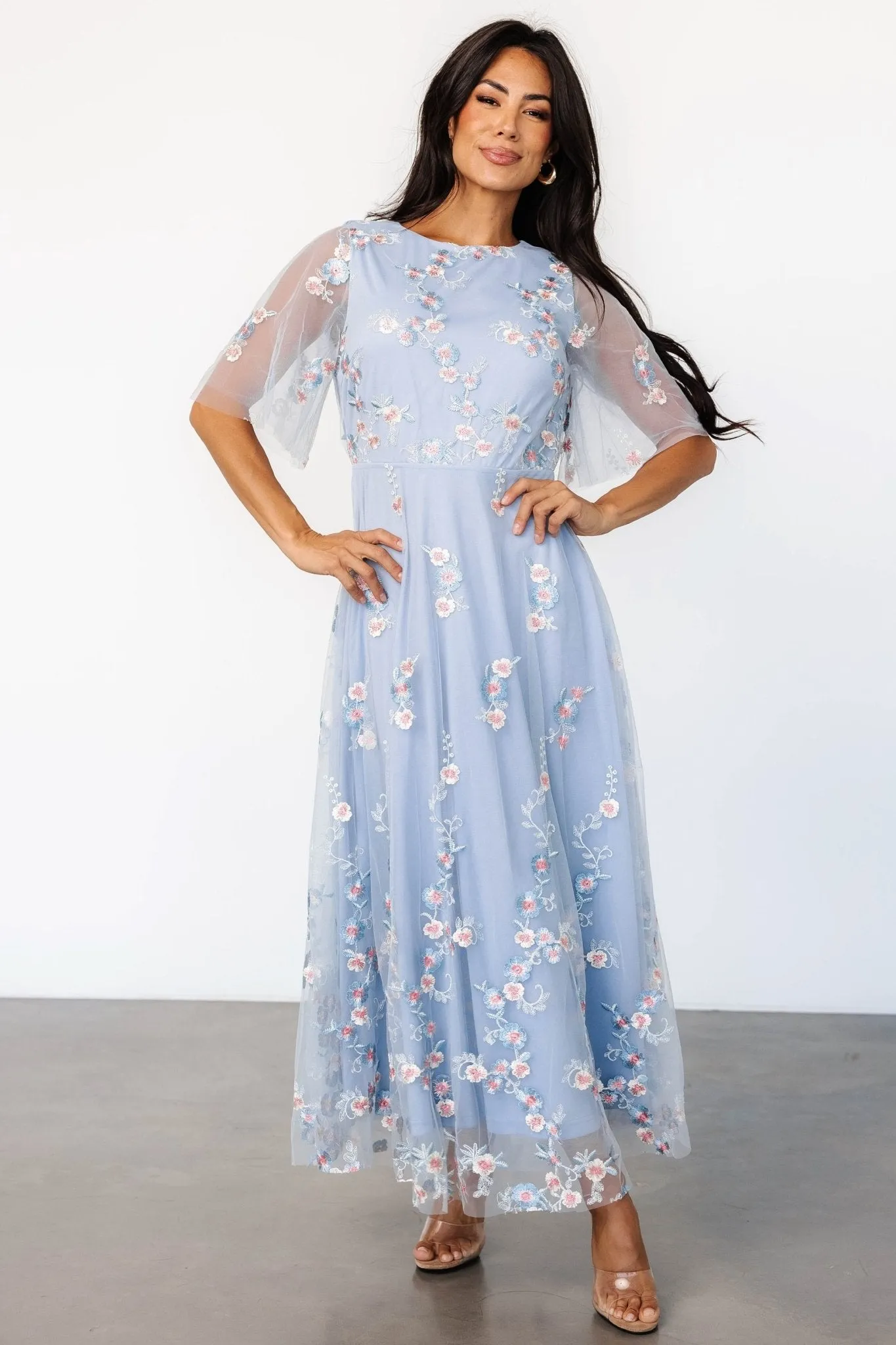Arabella Embroidered Tulle Maxi Dress | Light Blue + Blush sold by Baltic Born product image thumbnail 4