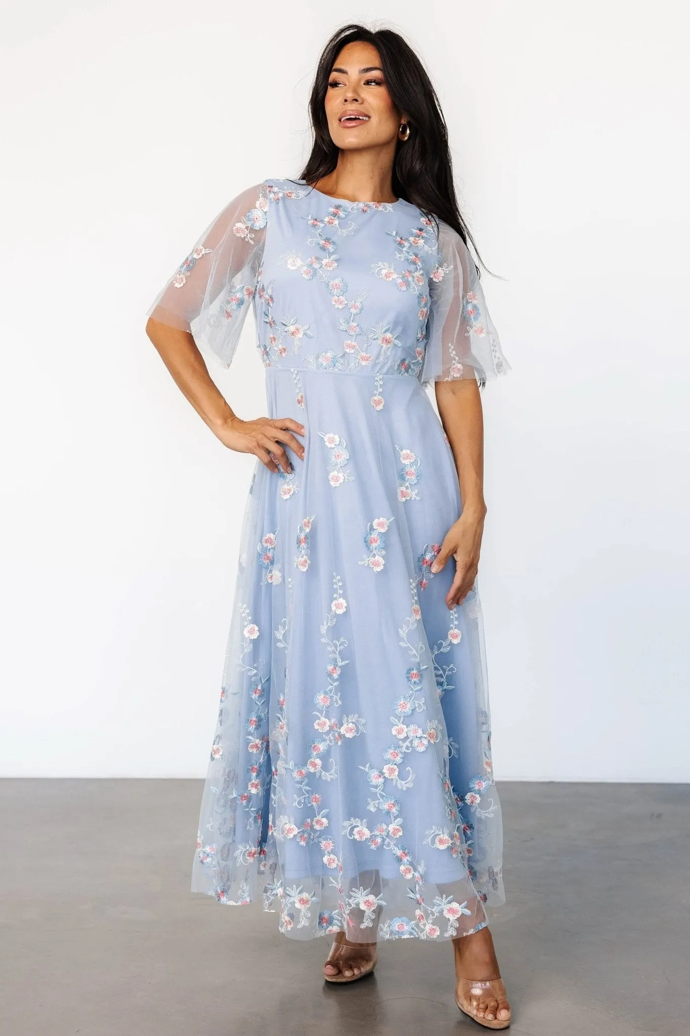 Arabella Embroidered Tulle Maxi Dress | Light Blue + Blush sold by Baltic Born