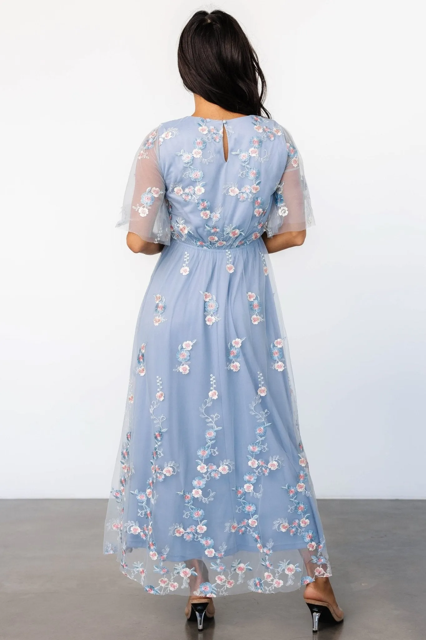 Arabella Embroidered Tulle Maxi Dress | Light Blue + Blush sold by Baltic Born product image thumbnail 5